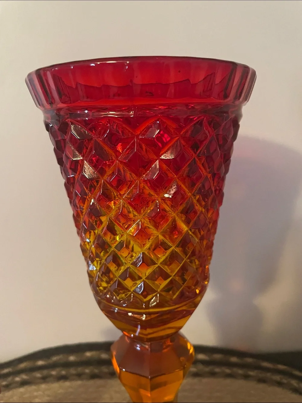 L. E. Smith Amberina Diamond Pointe Ombre Glass Apothecary Jar with Lid.